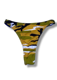Camouflage-patterned thong on a white background