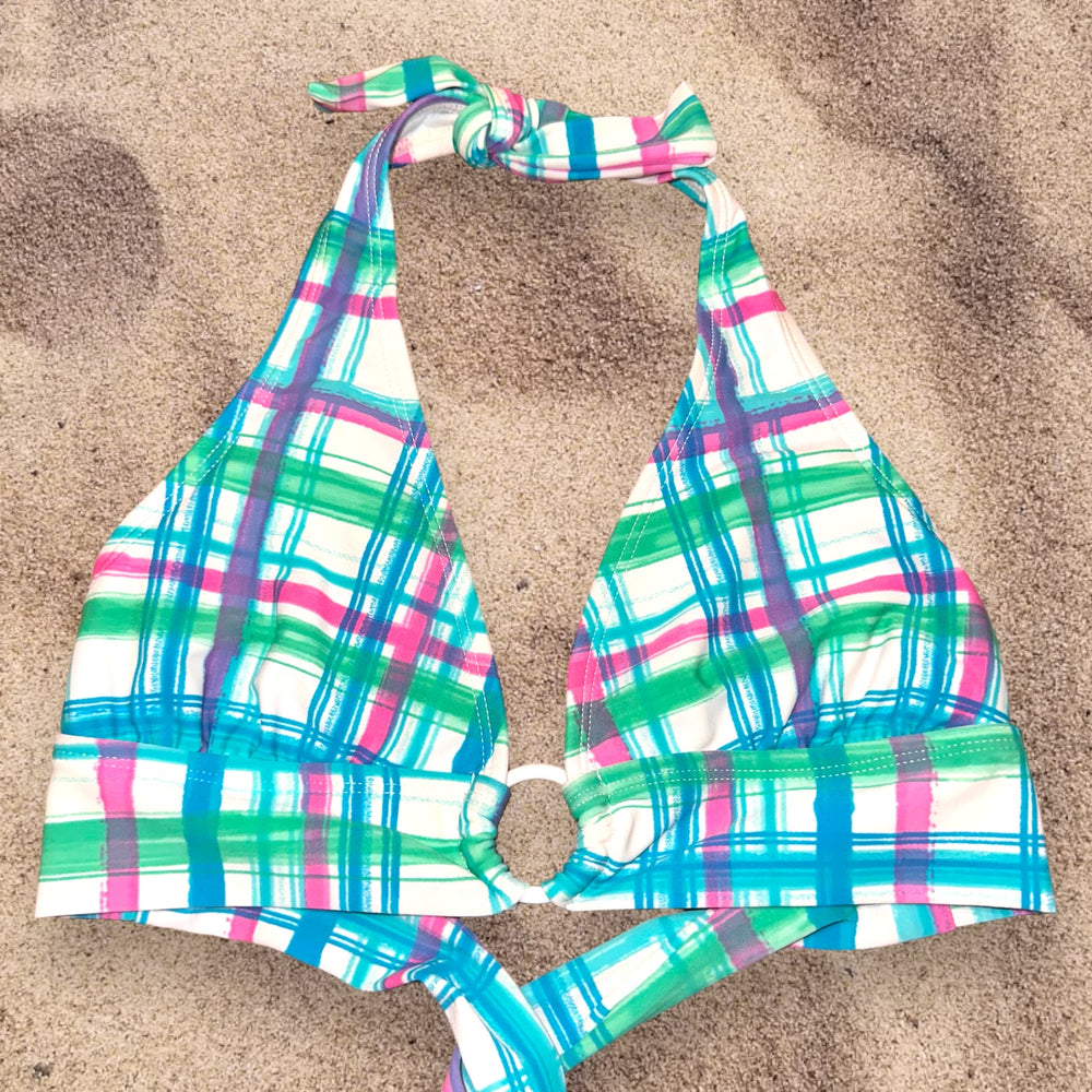 Y2K Preppy Plaid O-Ring Padded Halter Longline Bikini Top