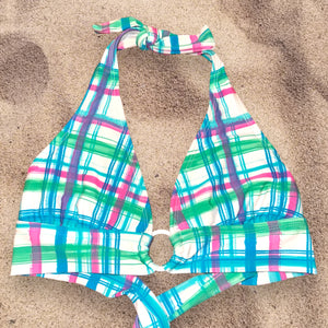 Y2K Preppy Plaid O-Ring Padded Halter Longline Bikini Top