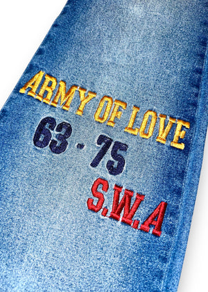 Y2K Rare Embroidered Army Of Love, Low-Rise Flared Patchwork Jeans – Size 2