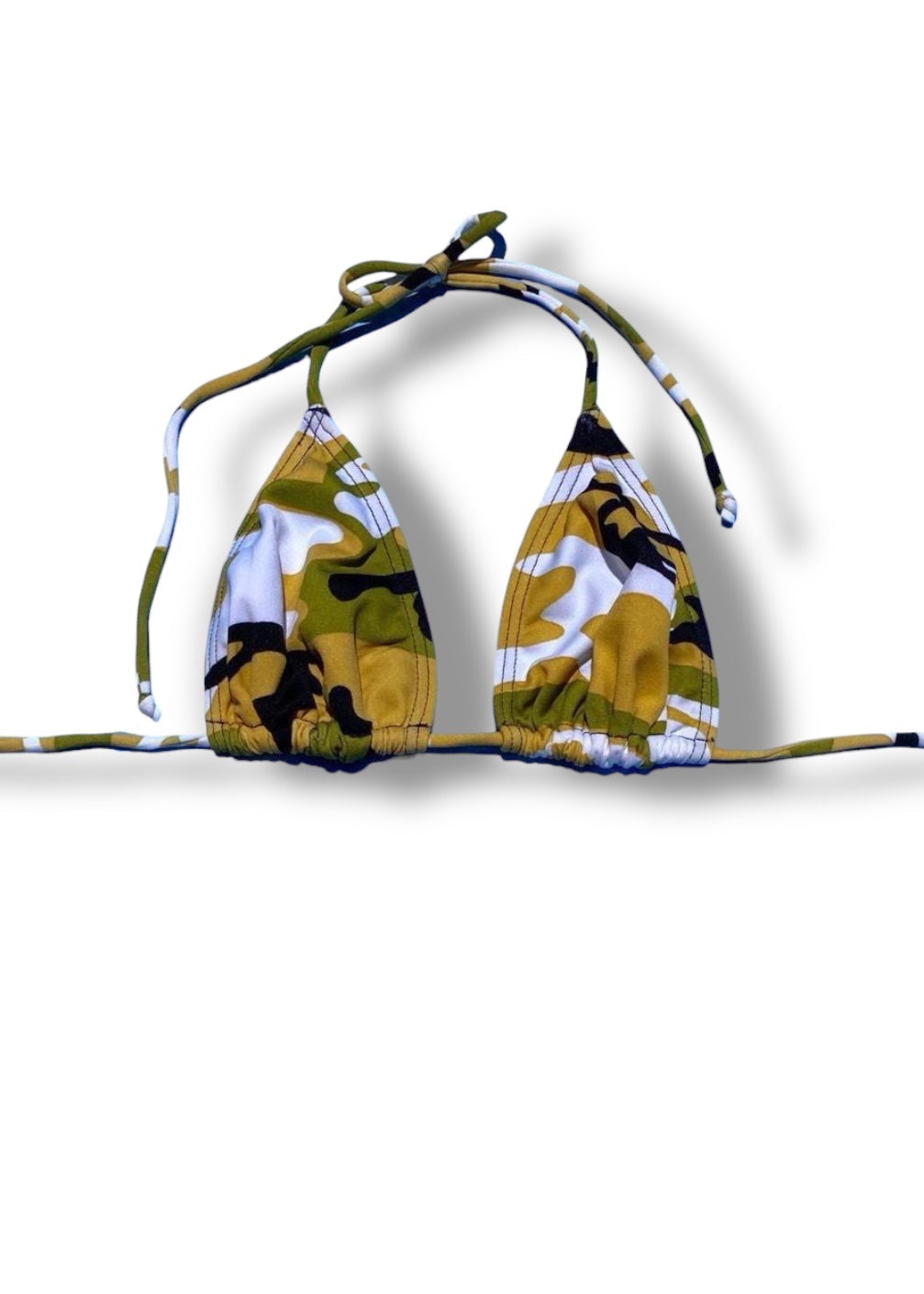 Bikini top with camouflage pattern on a white background
