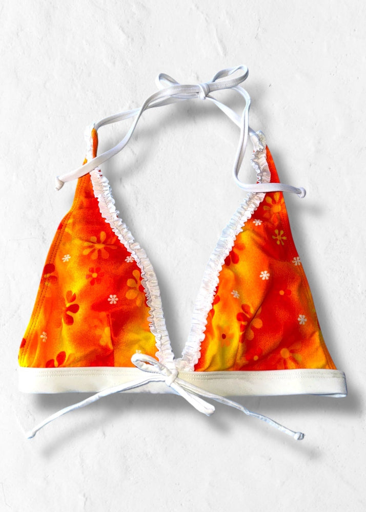 Y2K Orange Tropical Floral Ruffle Trim Halter Bralette Bikini D-Cup Top | USA-Made