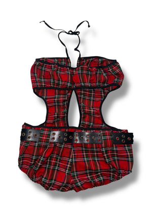Y2K Sexy Schoolgirl Costume Romper – Cutout Bootyshorts (XS)