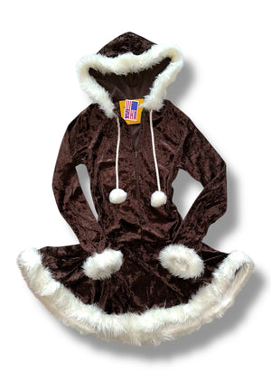 Brown and white dog coat with fur trim on a white background