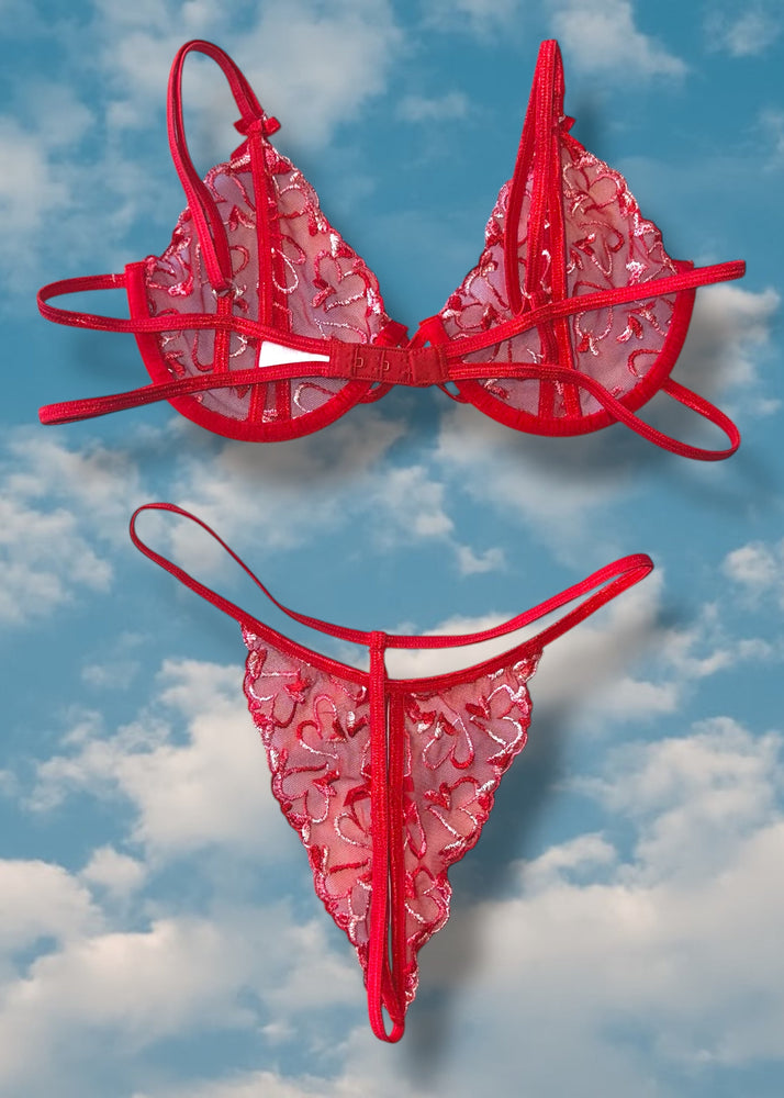 Y2K Red Cutout Sheer Lace Lingerie | Coquette Bra Panty Set