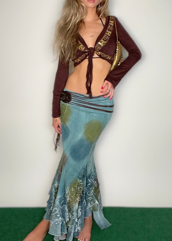90s Summer Patchwork Asymmetrical Low-Rise Maxi-Skirt, Vintage Tie-Dye | Fairy-Core