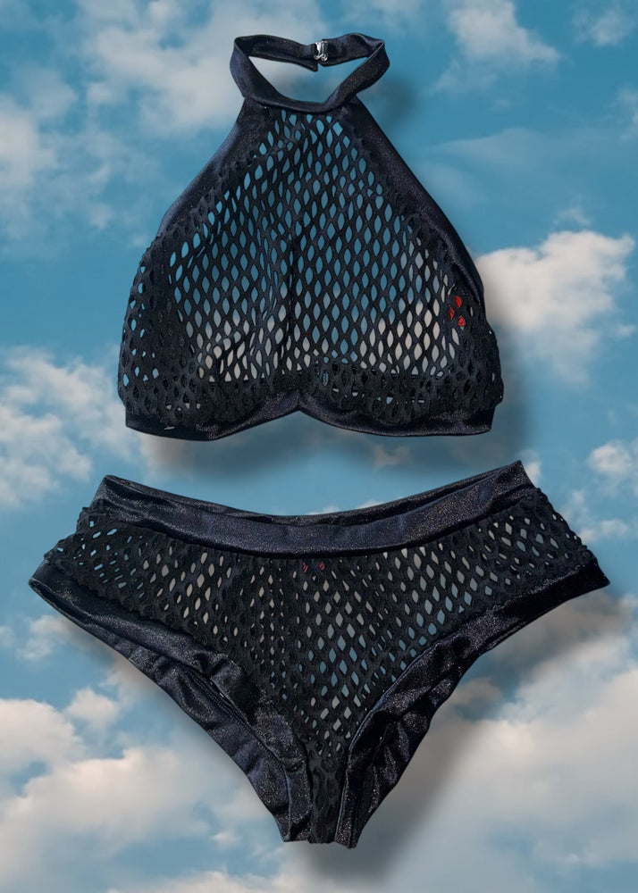 Y2K Sheer Black High-Neck Bra Top & Fishnet Booty-Short Lingerie Set