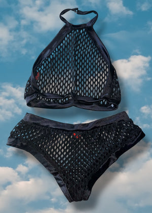 Y2K Sheer Black High-Neck Bra Top & Fishnet Booty-Short Lingerie Set