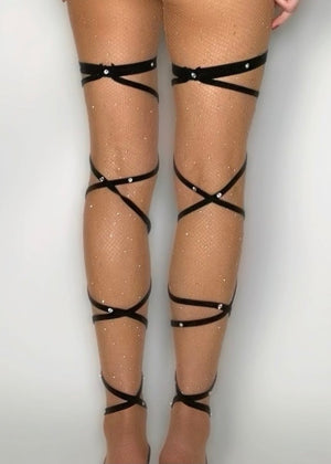 Diamanté Crystal Embellished Black Garter Leg Wrap Set | Festival Cosplay Accessory