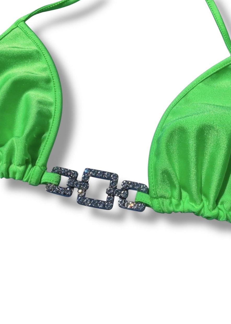 Green bikini top with chain detail on a white background