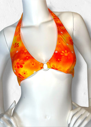 Y2K O-Ring Halter Bikini Bralette Top – Orange Tropical Floral | 90s USA Vintage