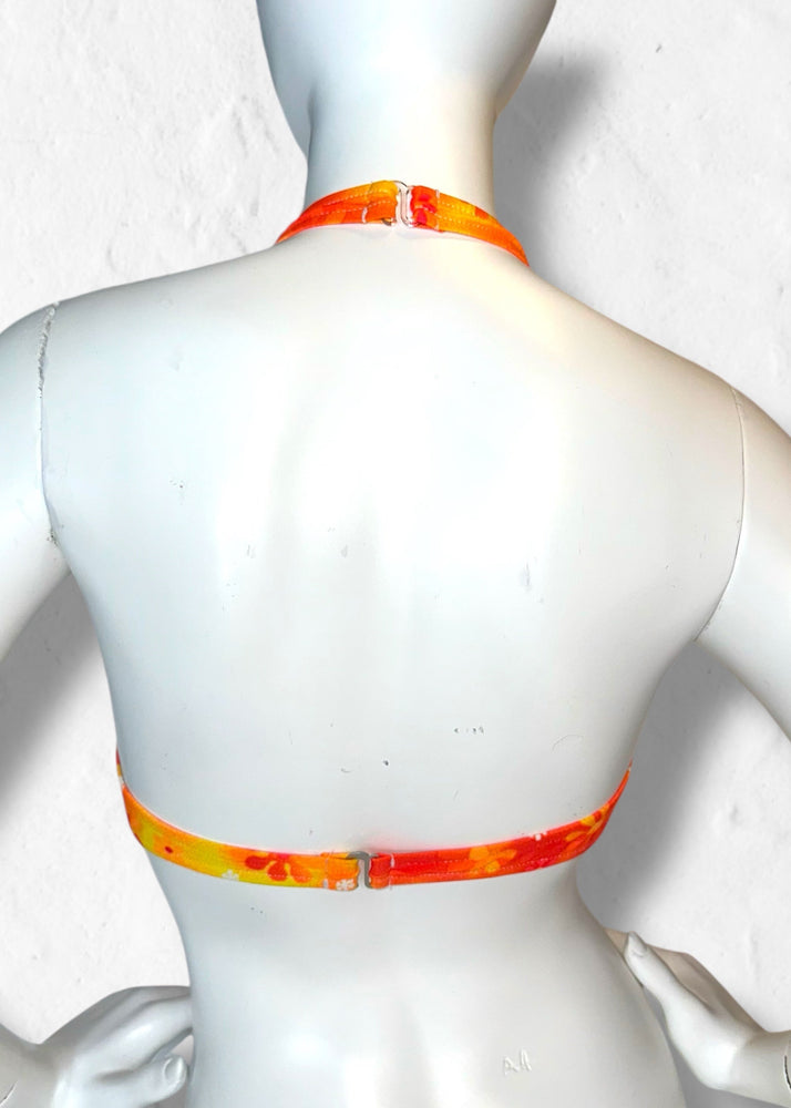 Y2K O-Ring Halter Bikini Bralette Top – Orange Tropical Floral | 90s USA Vintage