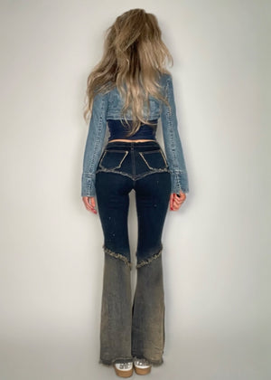 Rare Y2K Patchwork Flare Jeans – Low-Rise Embroidered Vintage Denim