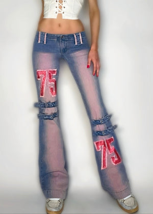 Y2K Pink Embroidered Strappy Low-Rise Flared Pocketless Jeans – Size 4