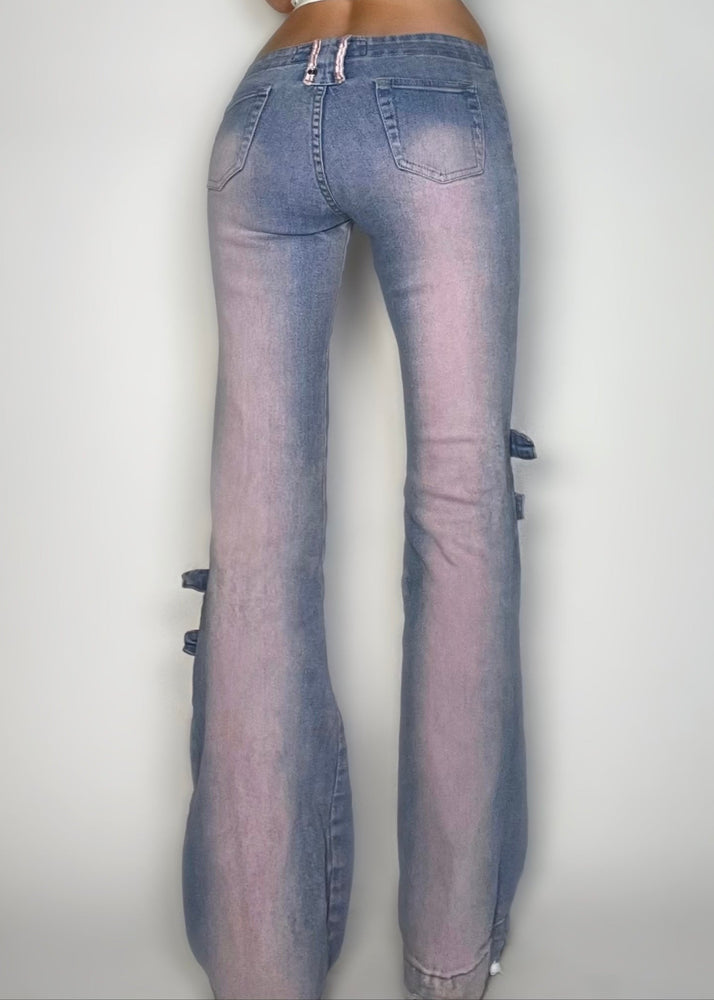 Y2K Pink Embroidered Strappy Low-Rise Flared Pocketless Jeans – Size 4