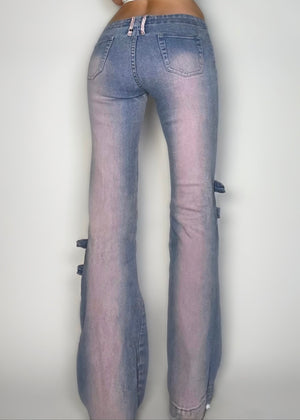 Y2K Pink Embroidered Strappy Low-Rise Flared Pocketless Jeans – Size 4