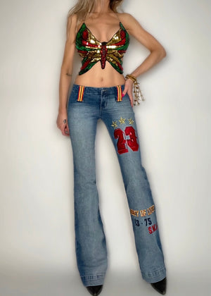Y2K Rare Embroidered Army Of Love, Low-Rise Flared Patchwork Jeans – Size 2
