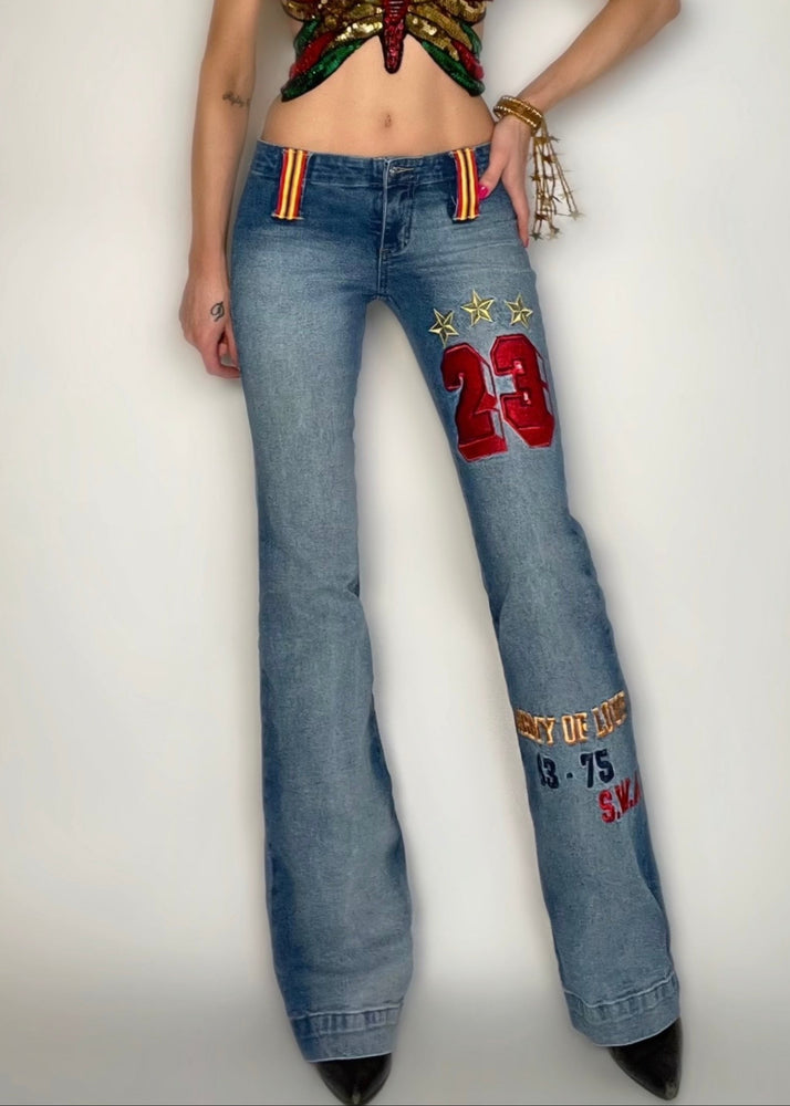 Y2K Rare Embroidered Army Of Love, Low-Rise Flared Patchwork Jeans – Size 2
