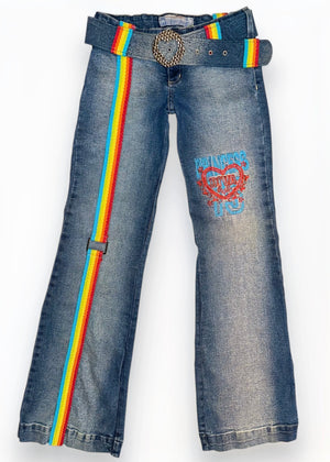 Y2K Rare Rainbow Bondage Flared Jeans & Heart Belt – Size 4