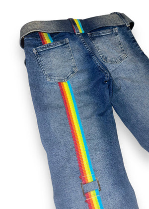 Y2K Rare Rainbow Bondage Flared Jeans & Heart Belt – Size 4