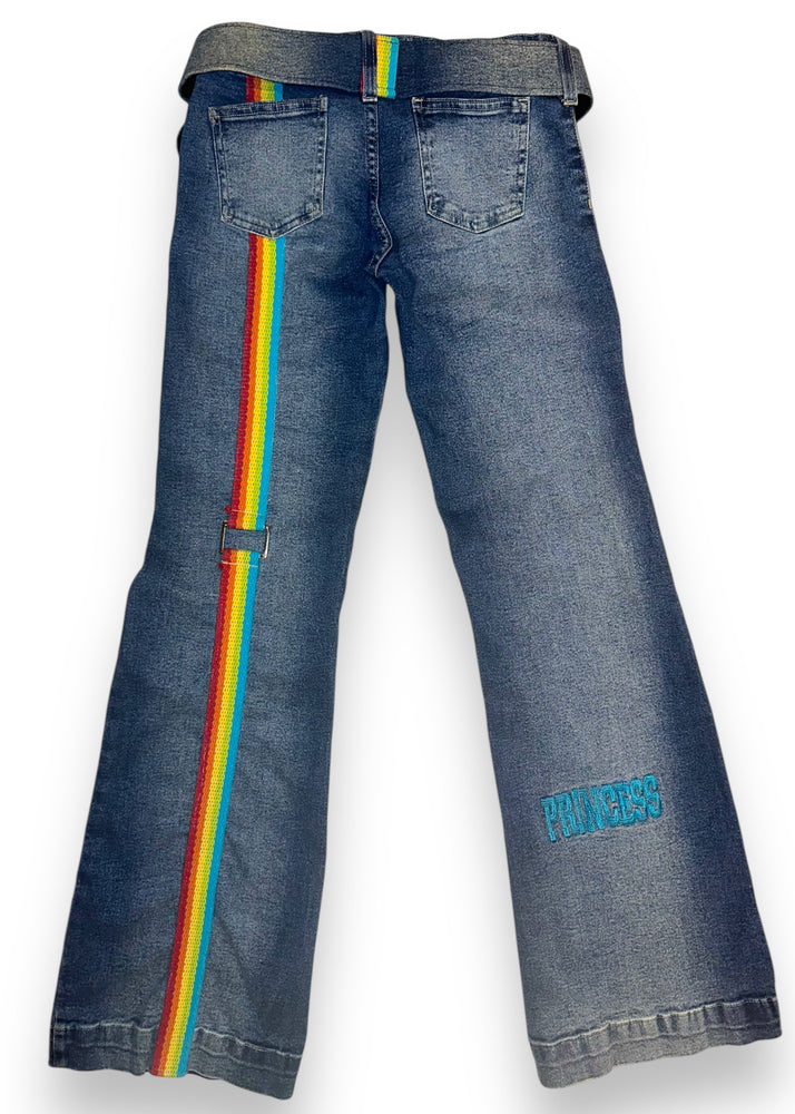 Y2K Rare Rainbow Bondage Flared Jeans & Heart Belt – Size 4