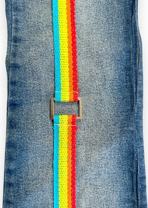 Y2K Rare Rainbow Bondage Flared Jeans & Heart Belt – Size 4