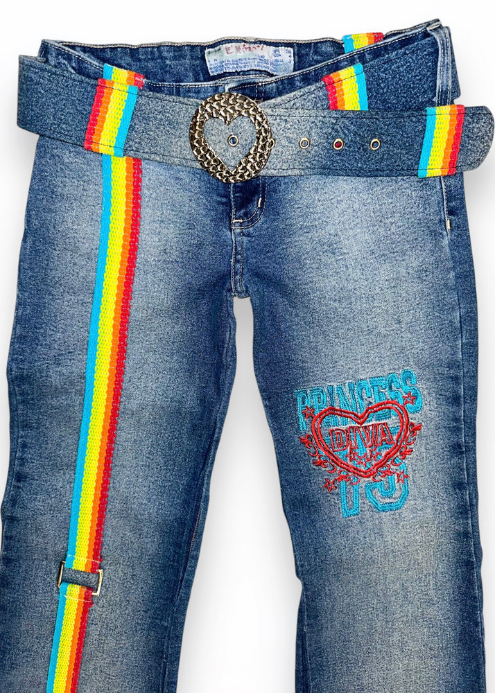 Y2K Rare Rainbow Bondage Flared Jeans & Heart Belt – Size 4