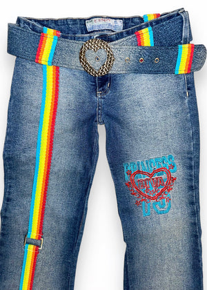 Y2K Rare Rainbow Bondage Flared Jeans & Heart Belt – Size 4