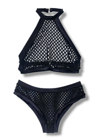 Y2K Sheer Black High-Neck Bra Top &amp; Fishnet Booty-Short Lingerie Set