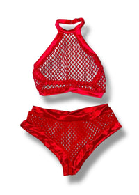 Y2K Sheer Red High-Neck Bra Top &amp; Fishnet Booty-Short Lingerie Set