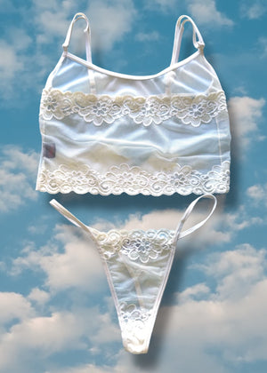Y2K White Mesh Lace Crop Camisole + Thong Panty Lingerie Set
