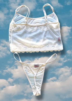 Y2K White Mesh Lace Crop Camisole + Thong Panty Lingerie Set