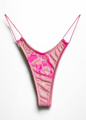 Y2K Metallic Thong Bikini Bottom – Pink Holographic | Dragon Print, USA-Made Deadstock