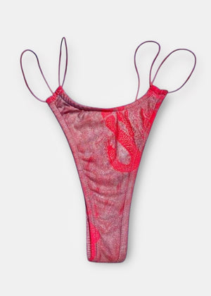 Y2K Metallic Thong Bikini Bottom – Pink Holographic | Dragon Print, USA-Made Deadstock