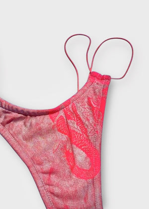 Y2K Metallic Thong Bikini Bottom – Pink Holographic | Dragon Print, USA-Made Deadstock