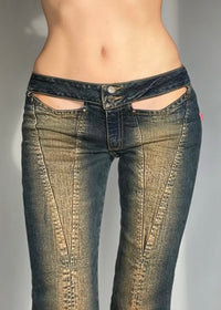 Vintage Y2K Ultra-Low-Rise Cutout Flare Jeans – Dark Wash Stretch Bell Bottom Denim