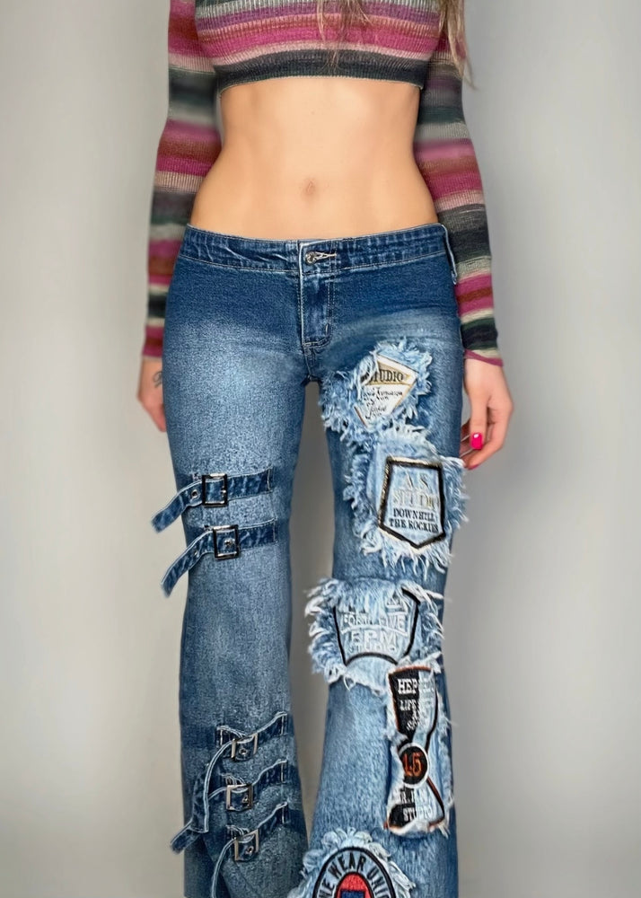 Y2K Patchwork Strappy Low-Rise Flared Pocketless Jeans – Size 4