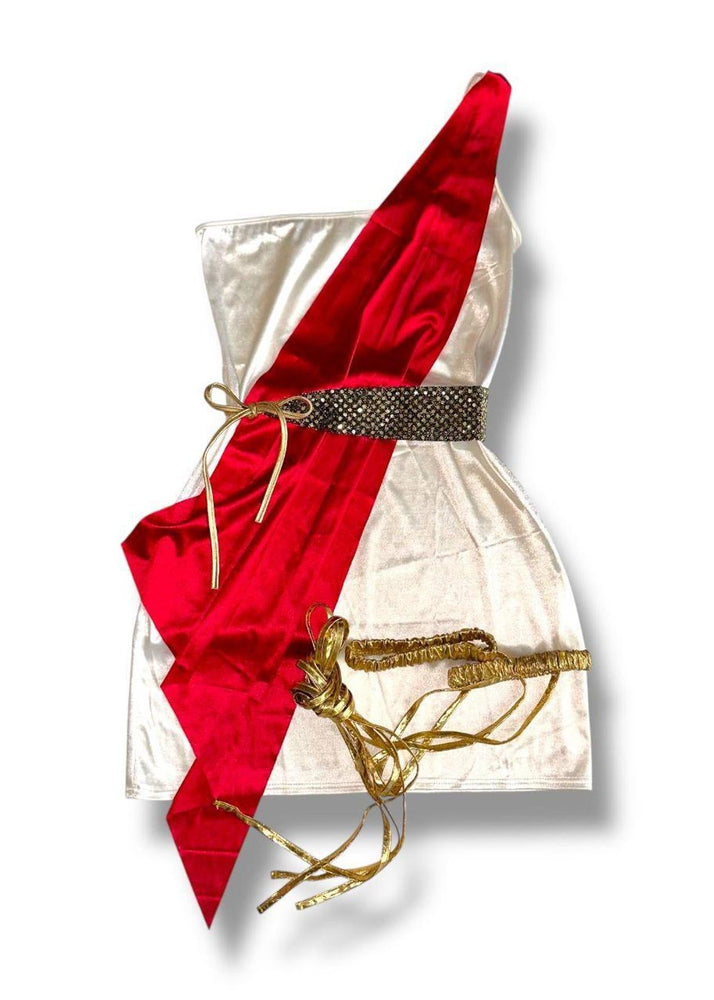 90s Roman Goddess 4PC Costume Set | Satin One-Shoulder Mini Dress + Red Sash & Gold Leg Wraps | USA-Made Vintage Deadstock