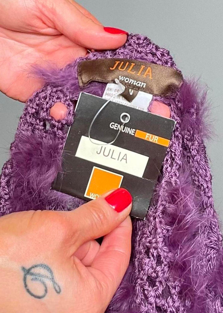 1990s Aubergine Rabbit Fur Crochet Fringe Shawl | Boho Winter Wrap | Gift