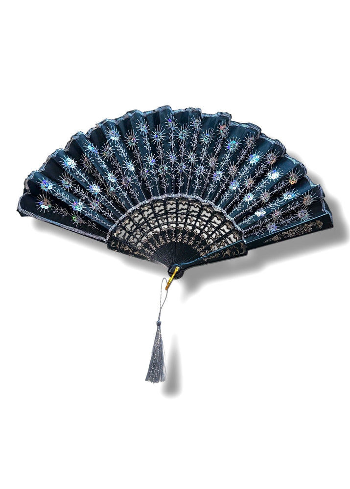 Vintage Y2K Hand Fan Collection – Sequin Embellished Lace & Tassel Fans | Pastel Pink, Blue, Black Silver, Hot Pink Gold, & Rainbow Floral (8” Folded)
