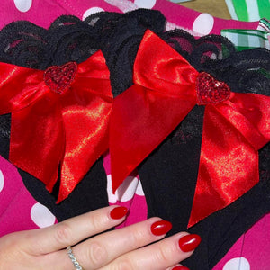Embellished Bow Lace Top Thigh High Stockings | Black & Red