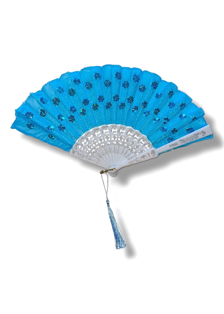 Vintage Y2K Hand Fan Collection – Sequin Embellished Lace & Tassel Fans | Pastel Pink, Blue, Black Silver, Hot Pink Gold, & Rainbow Floral (8” Folded)