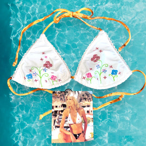Y2K Italian Low Rise Dainty Boho Embroidered Floral White Lacey Tie Dye Swimsuit Set | Coquette Bikini