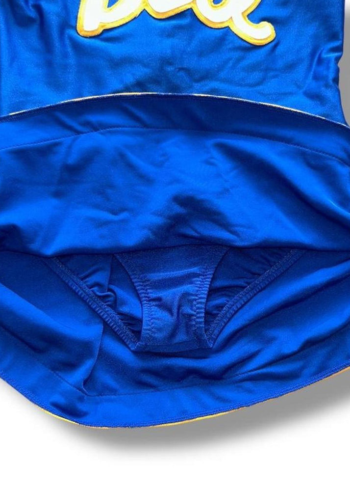 Y2K Cheerleader Costume Mini Dress | Blue & Yellow Built-In Bloomer Set | USA-Made