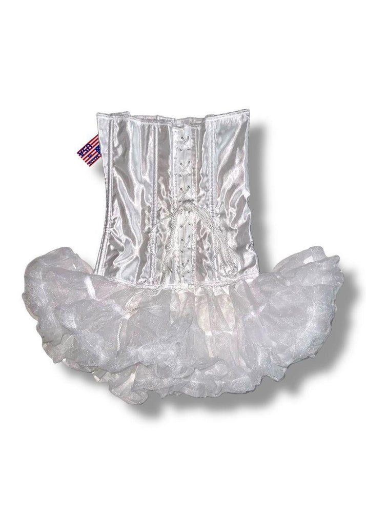 Snow Angel 3PC Costume Set | White Satin Corset, Faux Fur Cape & Tulle Petticoat | 90s USA-Made Deadstock
