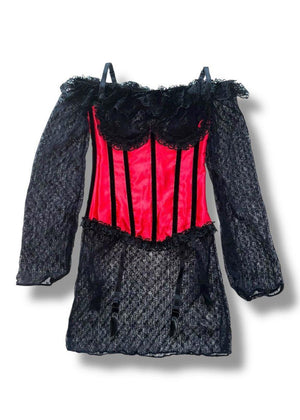 Black lace dress with red corset on a white background