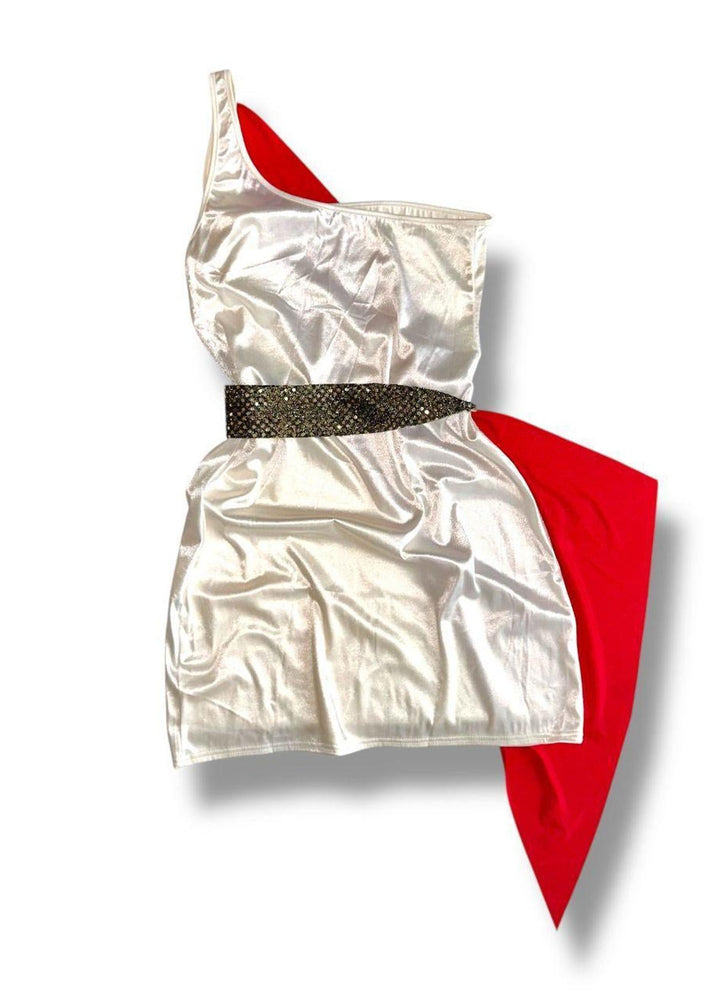 90s Roman Goddess 4PC Costume Set | Satin One-Shoulder Mini Dress + Red Sash & Gold Leg Wraps | USA-Made Vintage Deadstock