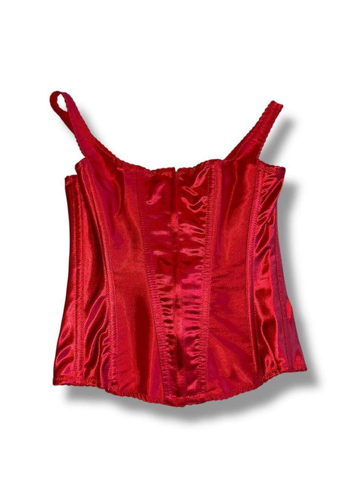 Red satin corset top on a white background