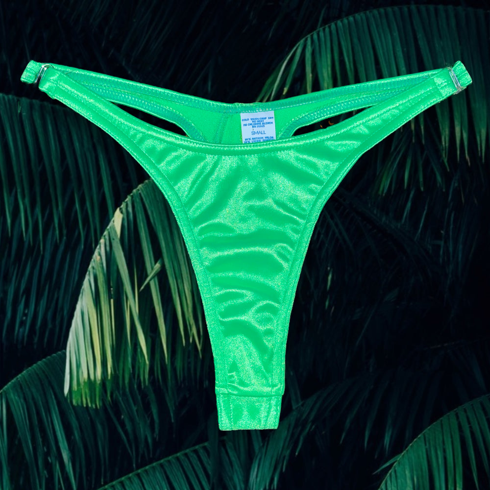 90's Lime Green Satin Clip-Side Thong Minimalist Bikini Bottom, Ultra Flattering Fit