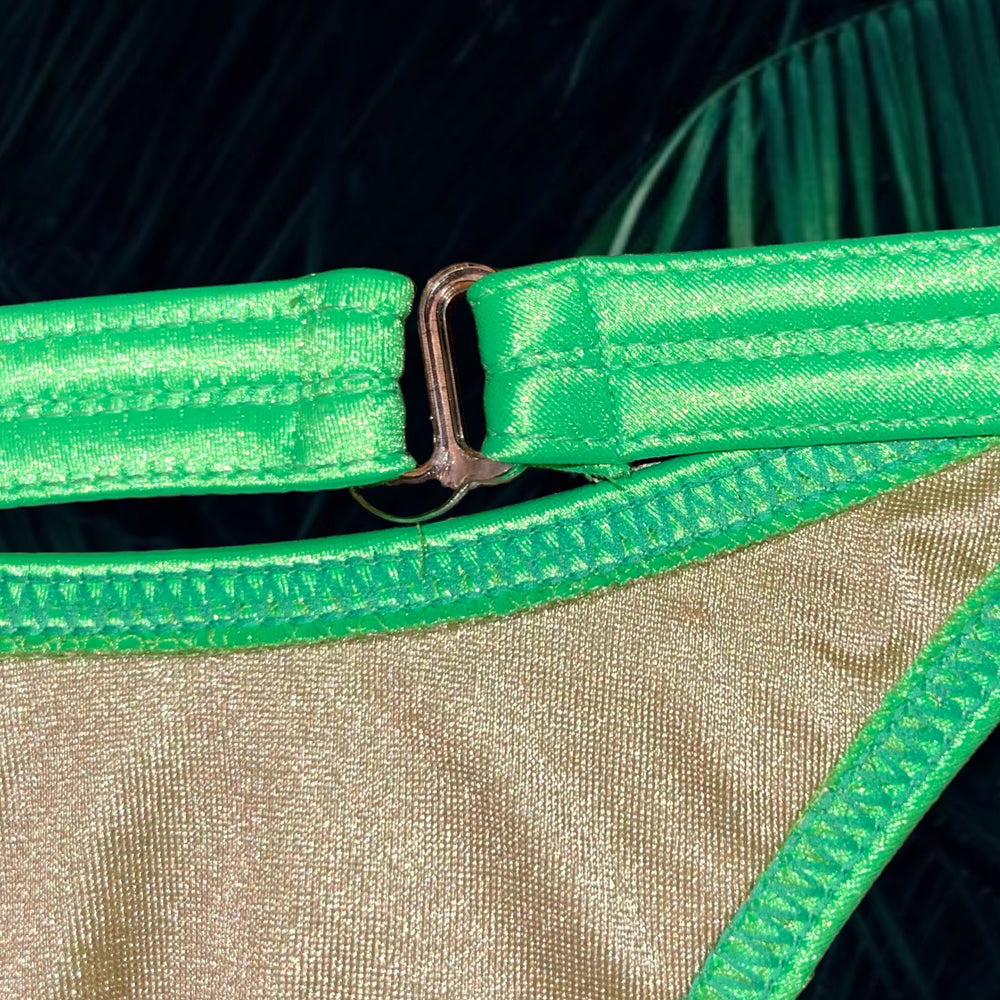 
                  
                    90's Lime Green Satin Clip-Side Thong Minimalist Bikini Bottom, Ultra Flattering Fit
                  
                